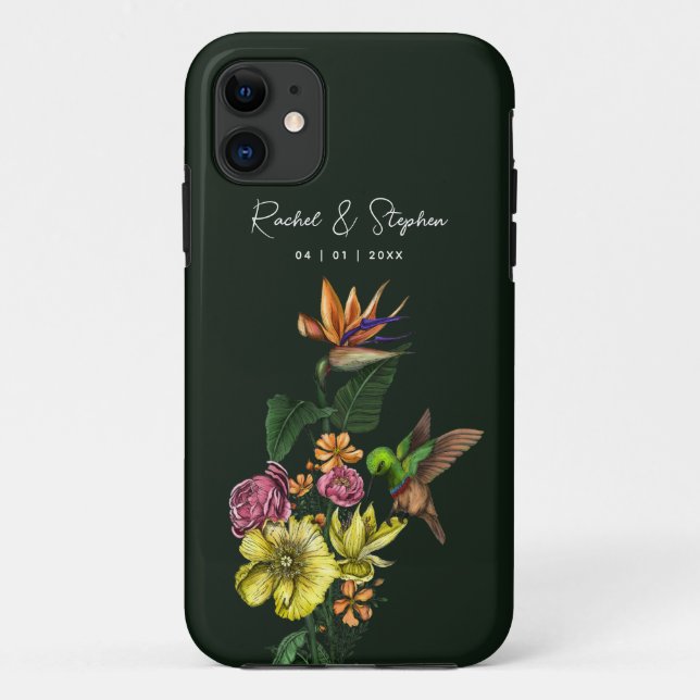 Capa Para iPhone 11 Casamento Tropical Elegante de Verão com Beija-Flo (Verso)