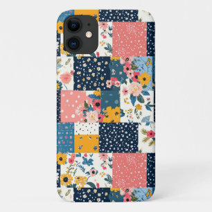 Capa Para iPhone 11 Casinha Cor-de-Rosa Floral Patchwork Naval