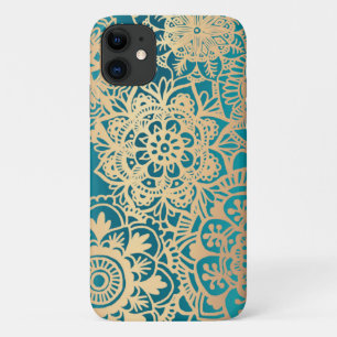 Capa Para iPhone 11 Caso de Padrão de Mandala Verde e Dourado