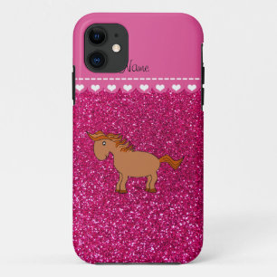 Capa Para iPhone 11 Cavalo com nome personalizado, néon, brilho rosa q