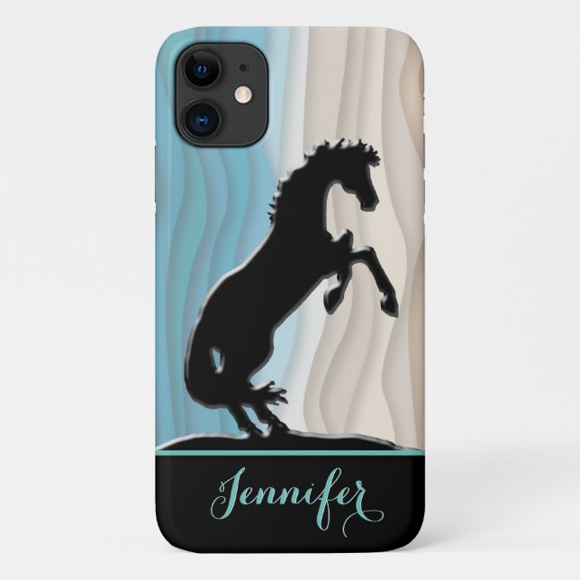 Capa Para iPhone 11 Cavalos do Coração V (ondas bege azul) (Verso)