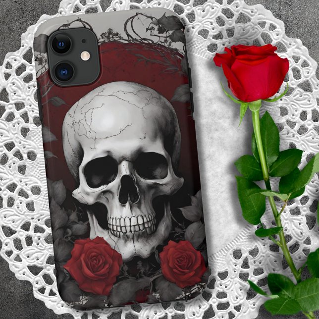 Capa Para iPhone 11 Caveira Gótica com Rosas vermelhas (Criador carregado)