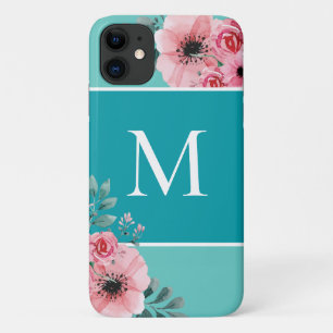 Capa Para iPhone 11 Cerceta Matriz Floral Monograma Com Bloco De Cor