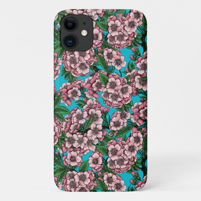 Capa Para iPhone 11 Cereja floresce em azul (Verso)