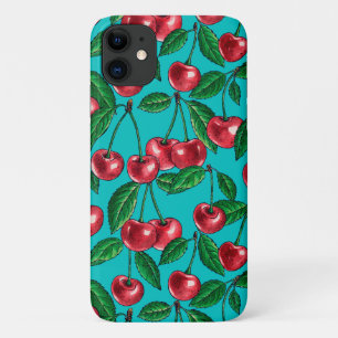 Capa Para iPhone 11 Cerejas vermelhas em turquesa