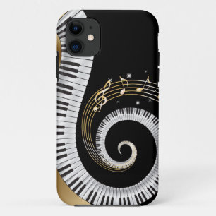 Capa Para iPhone 11 Chaves Piano Envolvidas com Notas Musicais Dourada
