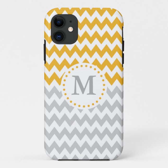 Capa Para iPhone 11 Chevron de Cinza Amarelo Moderno Monograma (Verso)