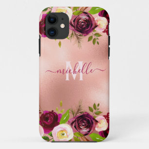 Capa Para iPhone 11 Chic Elegant Burgundy Blush Nome Floral Rosa