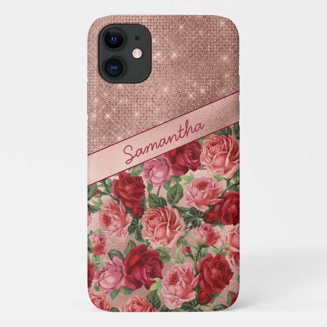 Capa Para iPhone 11 Chic Elegant Vintage - Rosas vermelhas Rosa Nome F (Verso)