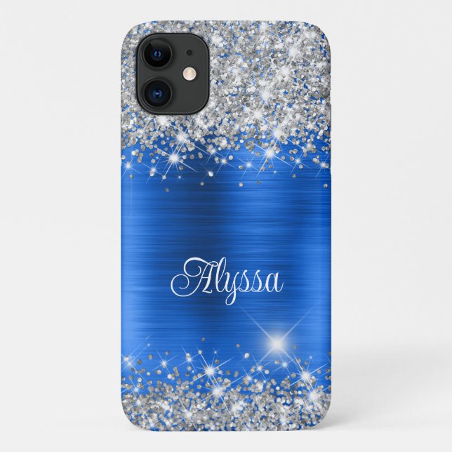 Capa Para iPhone 11 Chic Glittery Royal Blue Glam Name (Verso)