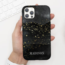 Chic Modern Black Watercolor Stars Dourado com Nom