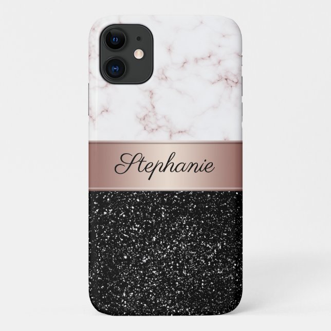 Capa Para iPhone 11 Chic Rosa Dourado Marble Black Glitter Add Name (Verso)