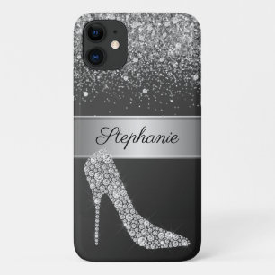 Capa Para iPhone 11 Chic Silver Glitter Diamond Alto Heat Nome do Calç