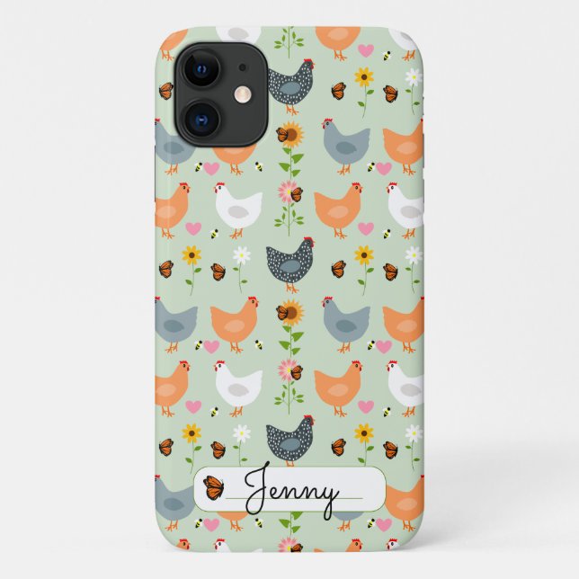 Capa Para iPhone 11 Chickens Florais Personalizados iPhone Verde 11 Ca (Verso)