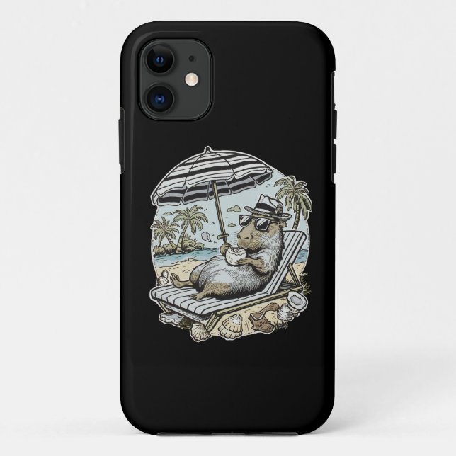Capa Para iPhone 11 Chill Capybara Beach Vacation (Verso)
