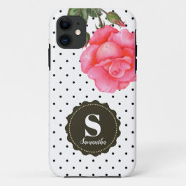 Capa Para iPhone 11 Chique rosado Rosas brancas pretas Bolinhas