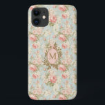 Capa Para iPhone 11 Chique Vintage Rosas Rosa Monograma Floral<br><div class="desc">Elegante capa de telefone floral chique, adornada com rosas brancas e rosa-pincel-pinceladas vitorianas sobre fundo azul-ovo-pata-claro, este cobrir oferece um aspecto sofisticado e charmoso. Criado a partir de materiais de alta qualidade, proporciona excelente proteção contra arranhões, altos e visto diário. Personalize-o com um monograma para um toque único, fazer-o como...</div>