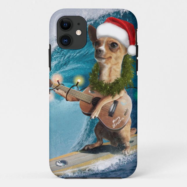 Capa Para iPhone 11 Christmas Chihuahua Surfing (Verso)