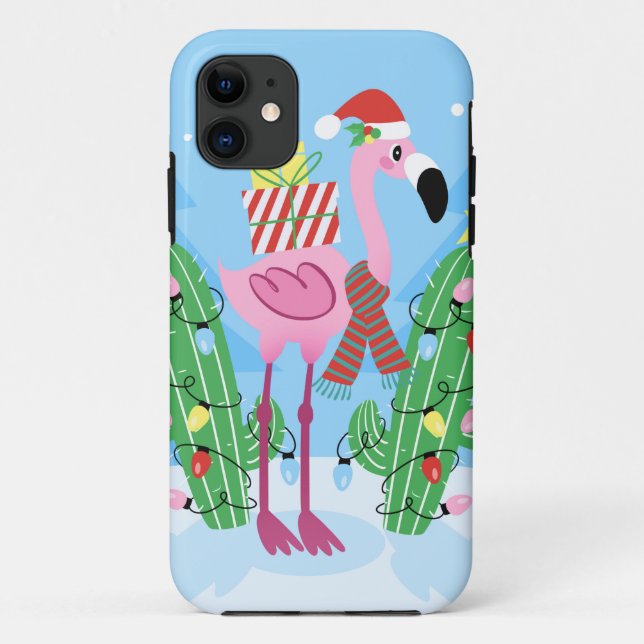 Capa Para iPhone 11 Christmas Flamingo with Cactus (Verso)