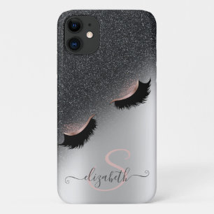 Capa Para iPhone 11 Cílios Postiços Dourado Rosa com Brilho Preto Ombr
