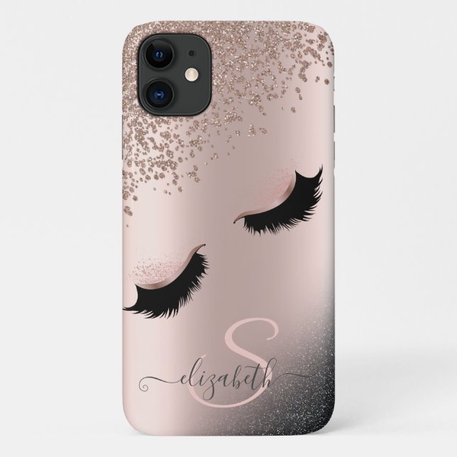 Capa Para iPhone 11 Cílios Postiços Preto Brilho Diamantes Rosa Dourad (Verso)