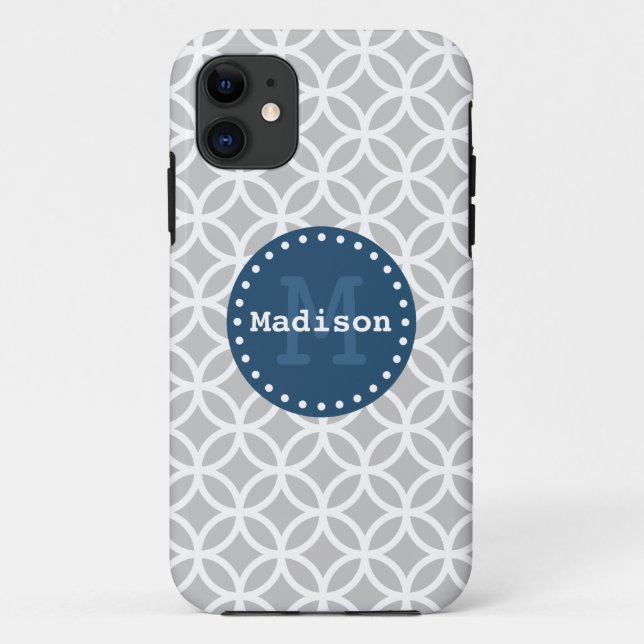 Capa Para iPhone 11 Cinza Azul Branco Círculos Modernos Monograma (Verso)