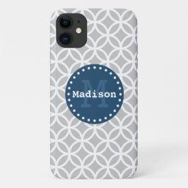 Capa Para iPhone 11 Cinza Azul Branco Círculos Modernos Monograma