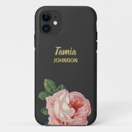 Capa Para iPhone 11 Cinza de nome personalizado de flor rosa