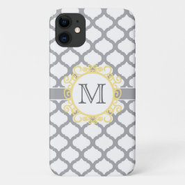 Capa Para iPhone 11 Cinza e Monograma de Quatrefoil Amarelo