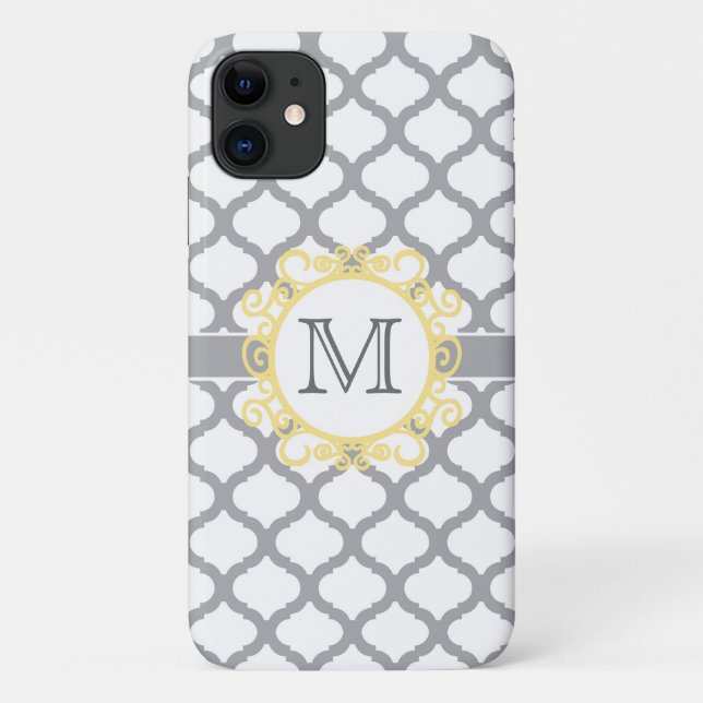 Capa Para iPhone 11 Cinza e Monograma de Quatrefoil Amarelo (Verso)