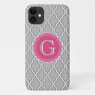 Capa Para iPhone 11 Cinza Lattice Monograma Rosa Floral