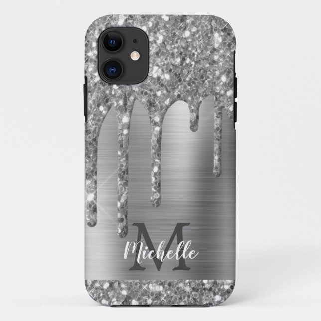 Capa Para iPhone 11 Cinza Prateada Monogramada Glitter Glitter Gliers  (Verso)