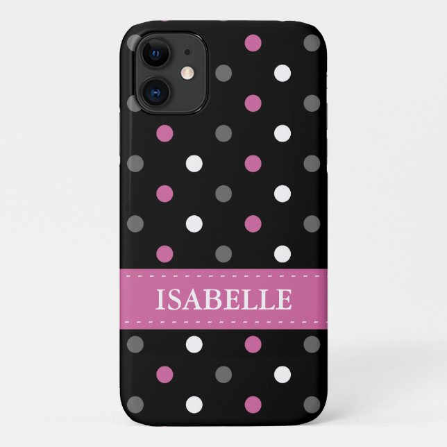 Capa Para iPhone 11 Cinza rosa, Bolinhas preta e branca (Verso)