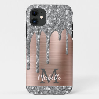 Capa Para iPhone 11 Cinza Silver Monograma Glitter Gota Lata-Rosa