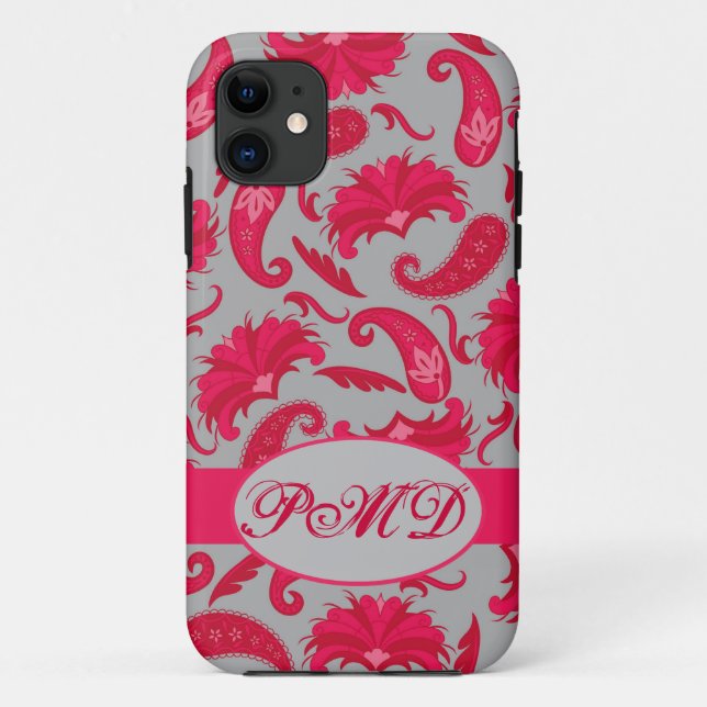 Capa Para iPhone 11 Cinza Vermelha Deco Parisiense Paisley Monograma (Verso)