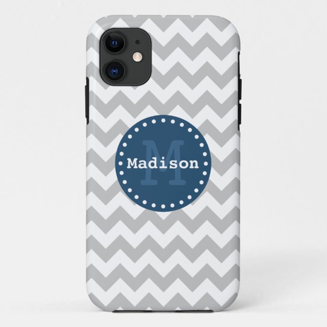Capa Para iPhone 11 Cinza White Blue Chevron Zigzag Monograma (Verso)