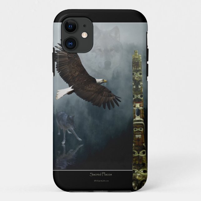 Capa Para iPhone 11 Cinza Wolf, Eagle & Haida Totem Pole Arte Nativa (Verso)