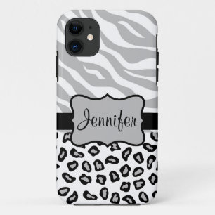 Capa Para iPhone 11 Cinzas, Nome Personalizado do Leopardo Branco Negr
