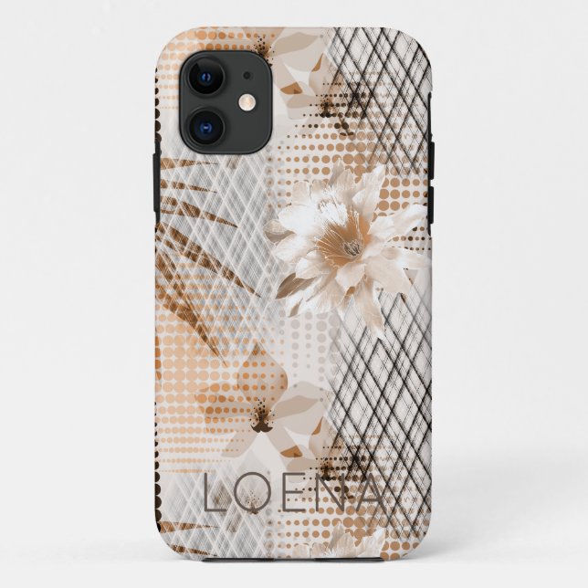 Capa Para iPhone 11 Cinzas, padrão tropical bege. (Verso)