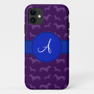 Capa Para iPhone 11 Círculo azul de dachshund roxo monograma