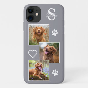 Capa Para iPhone 11 Colagem de Fotografias de Cães Monograma Cinza de