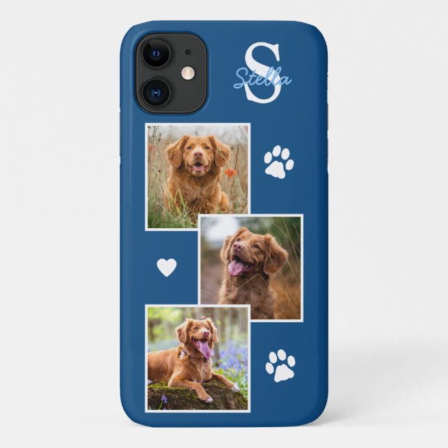 Capa Para iPhone 11 Colagem de Fotos de Cães Monograma Blue Pet (Verso)