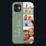 Capa Para iPhone 11 Colagem de fotos moderna sage monograma inicial ve<br><div class="desc">Colagem de fotos moderna,  script verde de imagem personalizado design. Um design multidesign de fotos moderno. Altere a cor para personalizar. Parte de uma coleção.</div>