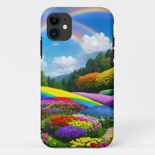Capa Para iPhone 11 Colinas arco-íris e flores duas