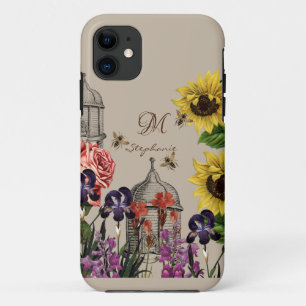 Capa Para iPhone 11 Colmeia Vintage Abelha Mel & Monograma de Girassol