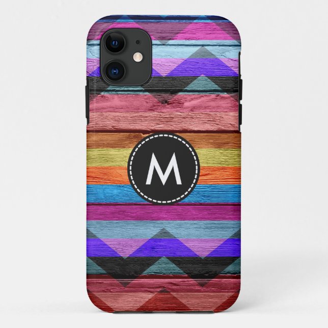 Capa Para iPhone 11 Colorida Chevron Stripes Wood #2 (Verso)