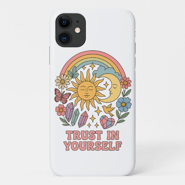 Capa Para iPhone 11 Confie em si mesmo - Sol e Lua Psicodélicas Retro (Verso)