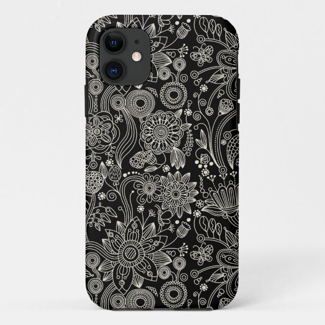 Capa Para iPhone 11 Cor damasco floral preta & branca (Verso)