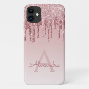 Capa Para iPhone 11 Cor-de-rosa pincelado - Monograma com brilho de fa