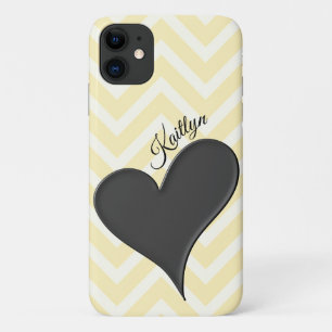 Capa Para iPhone 11 Coração Preto na Faixa Chevron Amarela